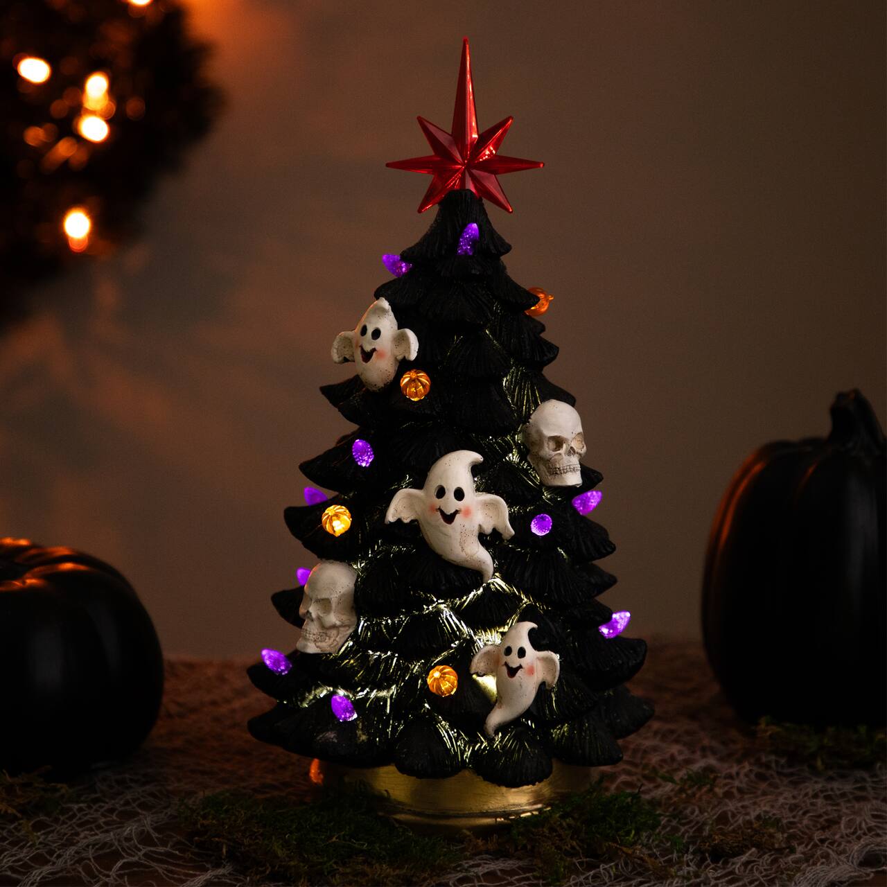 12" Black LED Lighted Skull & Ghost Halloween Tree
